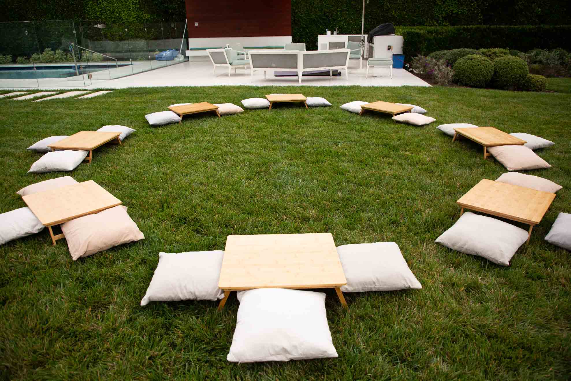 Outdoor LA Sports World party activity stations arranged on a lawn
